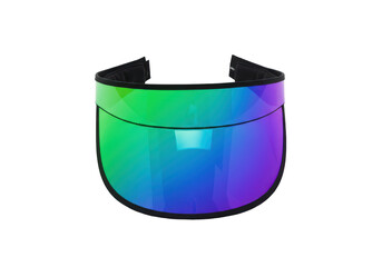 Fototapeta premium Iridescent visor with black trim reflecting vibrant green, blue, and purple hues isolated white background