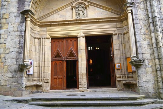 The entrance of the historic cathedral of Santa Maria de la Ascencio y del Manzano, in Hondarribia, Spain. The wedding by proxy of King Louis XIV and Maria Theresa of Spain took place there in 1660