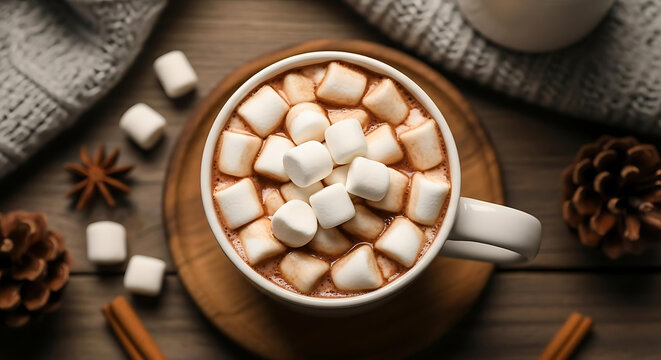Top down view ceramic mug filled with hot chocolate topped with fluffy white marshmallows with marshmallows dark wooden