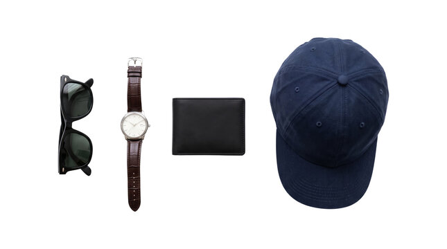 Mens Accessories Sunglasses Watch Wallet Cap Flatlay.