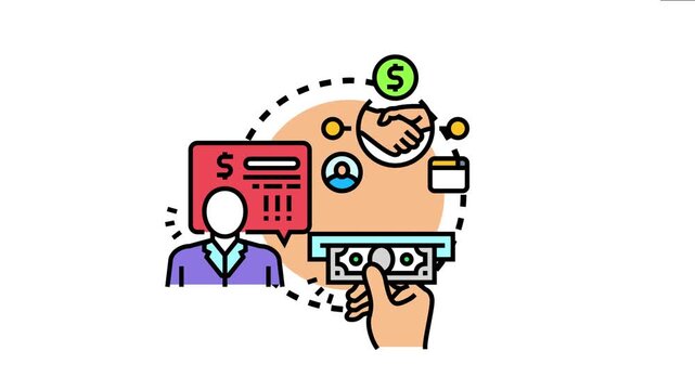 Business person managing financial funds for payout, with icons for money, handshake, user, and a card, indicating a transparent and systematic payment process