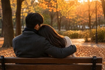 Fototapeta premium Couple sitting on park bench in autumn