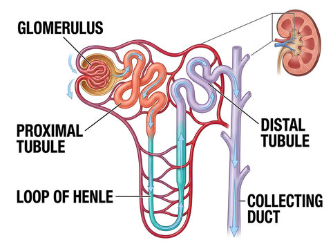 Human nephron with labeled parts diagram isolated on white background
