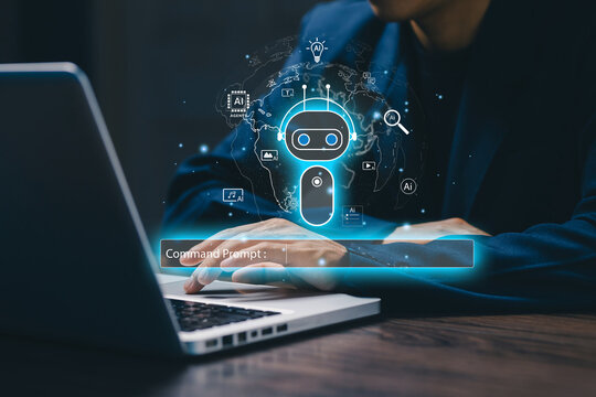Business person using laptop with virtual AI chatbot interface and digital globe, representing artificial intelligence, automation, generative technology and intelligent online assistance.