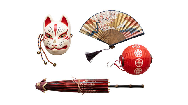 Collection of Japanese Traditional Festival Masks Fans Lanterns Umbrella.