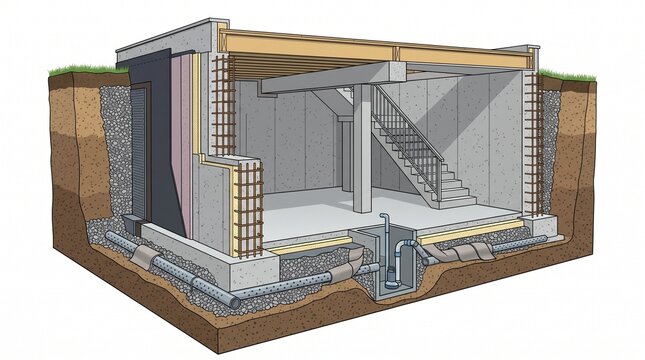 Cutaway diagram of a basement foundation. Shows concrete walls, rebar, insulation, drainage pipes, gravel, waterproofing, sump pump, stairs, and floor joists.