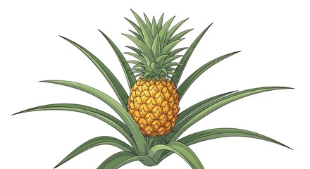 Obraz premium Detailed Illustration of a Ripe Tropical Pineapple Plant Featuring Spiky Green Leaves and Golden Textured Fruit Isolated on a White Background
