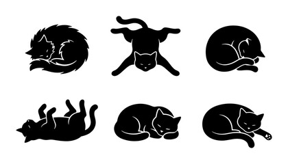 Obraz premium Six Black Cat Silhouettes, Vector Icons: Sleeping, Relaxing, Playful Feline Poses for Pet Lovers, Graphic Design Elements, Animal Graphics