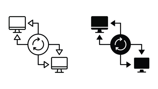 Computer data syncing and synchronization icon set with synchronization