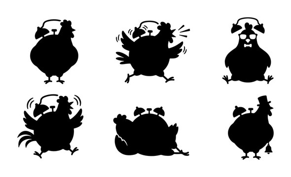 Alarm Clock Chicken Silhouettes, Funny Farm Animal Icons, Morning Wake Up Vector Set, Black and White Graphic Elements