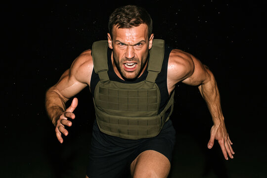 Determined athlete wearing weighted vest sprinting hard during nighttime outdoor training session