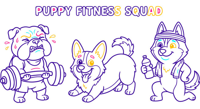 Cute puppy fitness squad coloring page featuring a bulldog lifting weights a corgi and an active husky