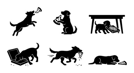 Fototapeta premium Playful Dog Pizza Icon Set, Silhouette Canine Food Lover Graphics, Cute Pet Eating Slice Vector Collection