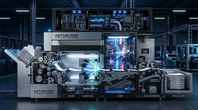 Modern industrial printing machine working in a dark factory with bright blue light beams and advanced digital control panels for high speed professional paper production
