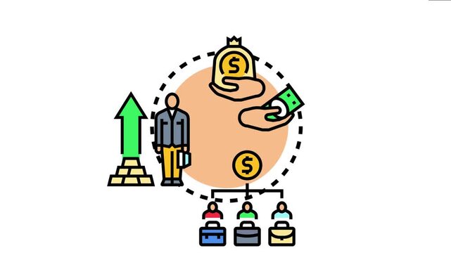 Analyzing average per capita income using a business person, rising arrow, money, and a group of employees to calculate total earnings and individual shares
