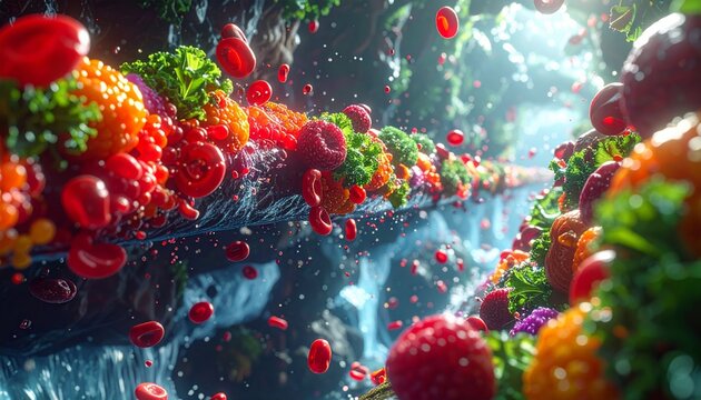 Vibrant stream of fresh fruits and vegetables with red blood cells representing healthy nutrition and wellness in the human body