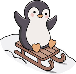 Happy cute penguin riding wooden sled on snow hill winter illustration