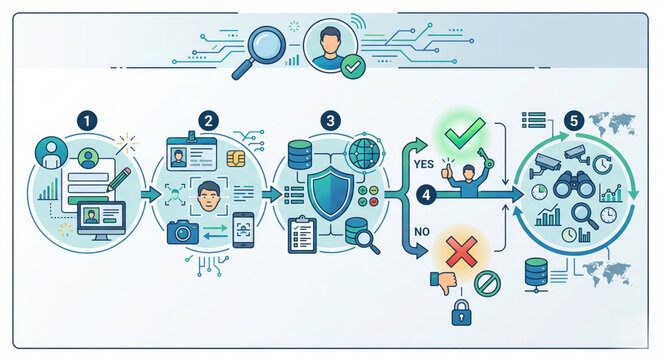 KYC workflow infographic with identity verification, document verification, screening, risk scoring, and approval steps.