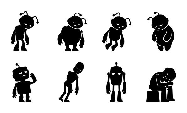 Set of 8 Sad Robot Silhouettes, Expressing Emotions, Vector Icons for Technology and AI Concepts, Black and White