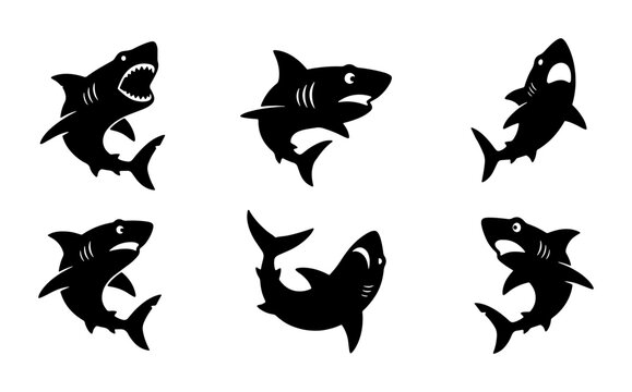 Set of Six Black Shark Silhouettes, Vector Icons for Marine Life and Ocean Themes, Dynamic Poses