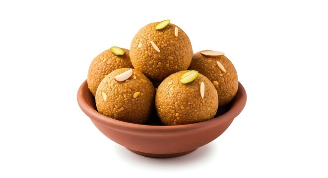 Authentic Indian Atta Laddu Wheat Flour Sweet Single Serving on White Background