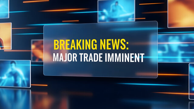 Breaking news major trade imminent broadcast lower third. Digital media motion graphics template with orange and blue abstract screens, urgent update, news ticker.