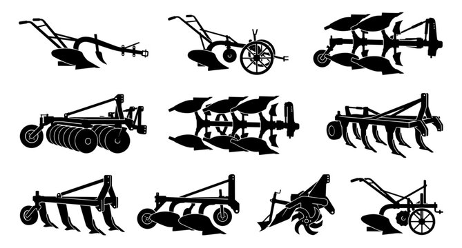 Agriculture Plows And Cultivators Silhouette Vector Set With Farm Machinery And Tillage Tools