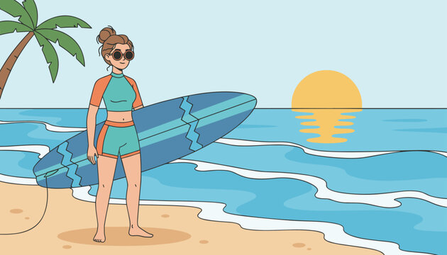 Athletic female surfer in sunglasses and swimsuit holds her surfboard on a tropical sandy beach while watching the sunset.