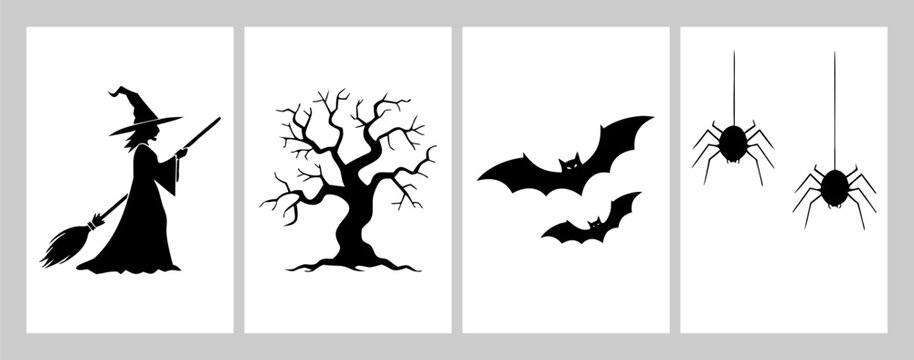 Halloween Spooky Silhouette Collection with Witch, Haunted Tree, Bats and Spiders,