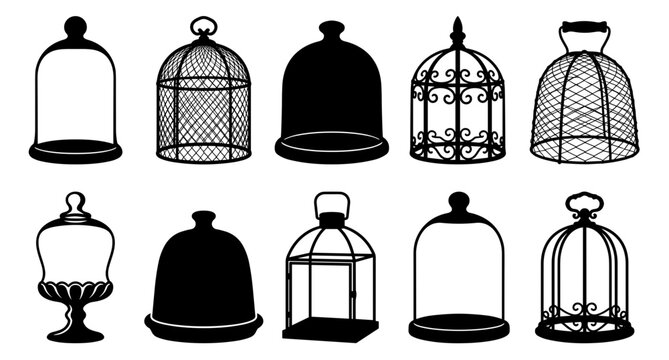 Bird Cages and Glass Domes Silhouette Set Collection of Vintage Items