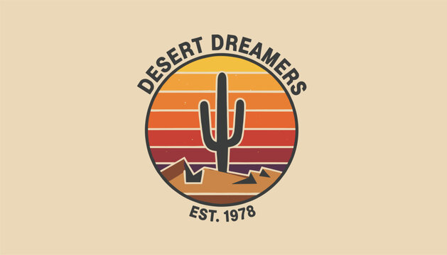 Desert Dreamers round retro logo with a tall saguaro cactus silhouette and a warm horizontal striped sunset.