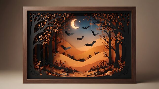 A layered papercut art shadow box depicting a spooky autumn forest scene with bats, a crescent moon, and pumpkins at night
