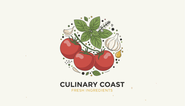 Culinary Coast fresh ingredients brand label with a hand drawn illustration of ripe red tomatoes, garlic bulbs, and green basil leaves.