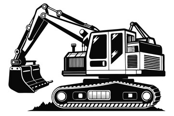 Naklejka premium Bold black and white illustration of a heavy duty construction excavator digging
