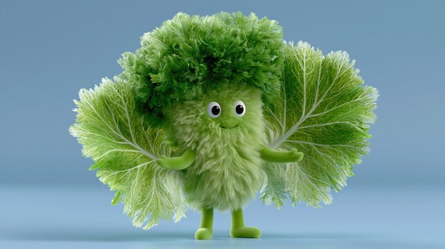 Fluffy green vegetable character with big leaves and wide arms open on a blue background with soft lighting