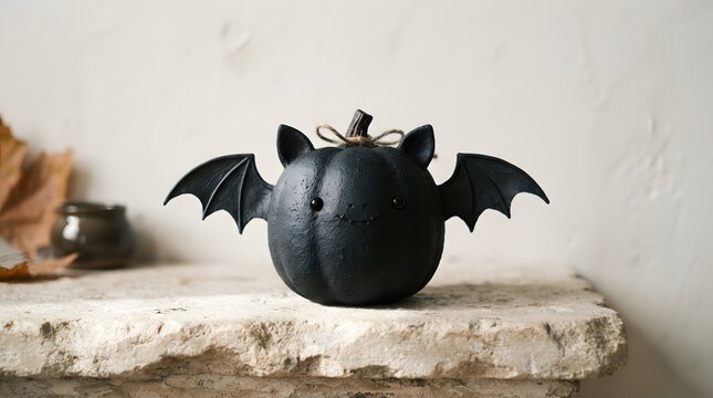 A cute black pumpkin with bat wings and ears sitting on a rustic stone surface, perfect for halloween home decor and seasonal festive celebrations