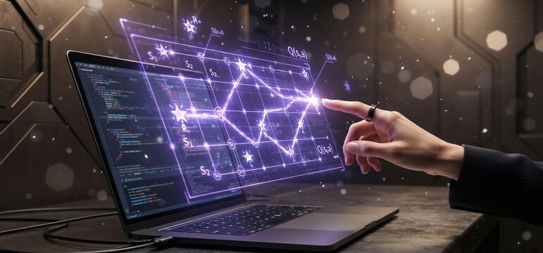 Hand taps holographic Q-learning reward grid star interface