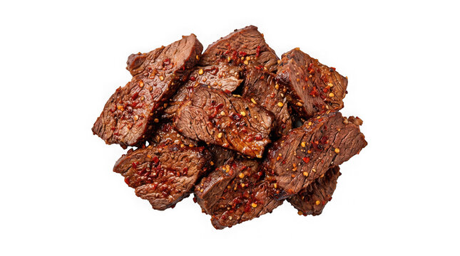Pile of seasoned and cooked beef cubes isolated on transparent background