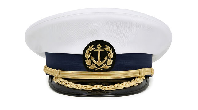 White captain hat with gold anchor emblem isolated on white background