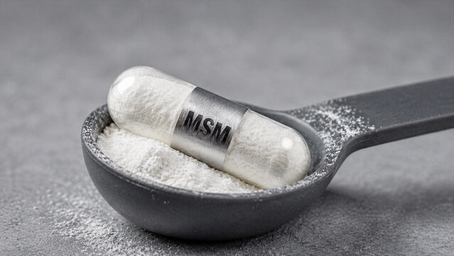 A spoon holds a capsule labeled MSM next to a pile of white powder. The setting is simple with a gray background, focusing on the supplement