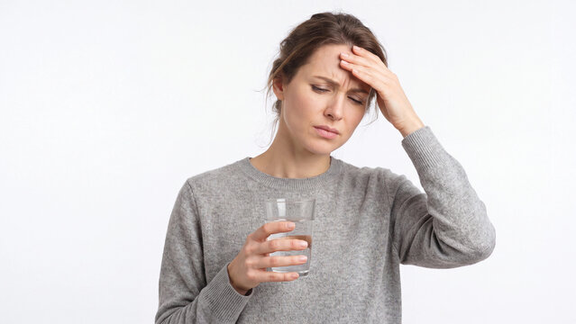 Headache Background for Healthcare Marketing with Woman Holding Water Glass on Clean White