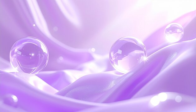 パールのように輝く淡い紫のサテンと水滴の美容背景素材、なめらかな質感と潤い、保湿、ツヤ、透明感をイメージしたスキンケア、美容液、セラム、エッセンス、高級コスメ広告、ジェネレーティブAI