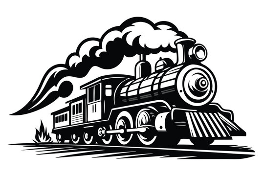 Classic steam train illustration in black and white with smoke and details perfect for design