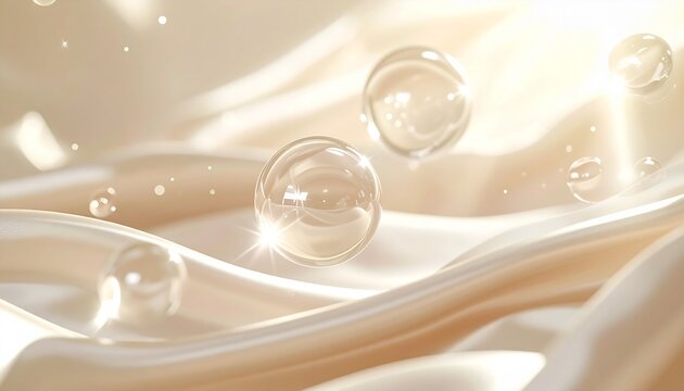 柔らかなアイボリーのサテンと宙に浮かぶ透明な美容液の水滴、温かい光が輝く上品なスキンケア背景素材、潤い、保湿、透明感、ツヤ、みずみずしい肌をイメージした美容液、セラム、化粧水、エッセンス、フェイスケア、コスメブランドの商品広告に使えるジェネレーティブAI