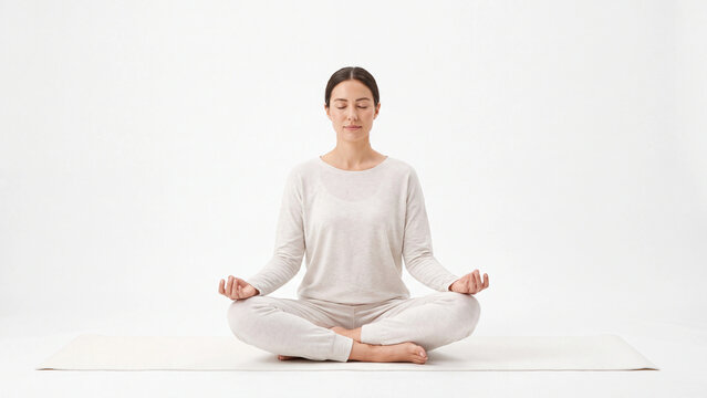 Meditation Background for Wellness Marketing with Woman in Lotus Yoga Pose on Clean White
