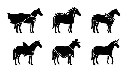 Fototapeta premium Six Silhouette Horse Icons with Diverse Costumes: Unicorn, Shark, Cowboy Hat, Festive, and Blanket Styles. Vector Set for Creative Projects.
