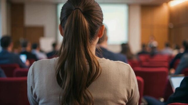 Woman Attending Seminar Seated in Auditorium Listening to Presentation Cinematic Shot Business Education Concept