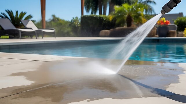 Pressure water jet cleaning concrete pool deck surface outdoors in summer sunlight for home maintenance and exterior renovation project concept