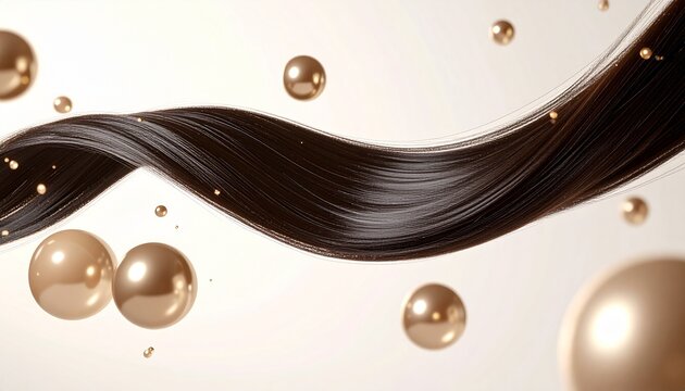 美しいダークブラウンの艶髪とゴールドの美容成分をイメージした球体が浮かぶ高級ヘアケア背景素材、なめらかなストレートヘアのツヤ、潤い、保湿、ダメージ補修、キューティクルケアを表現したラグジュアリーな美容広告イメージ、シャンプー、トリートメント、ヘアオイル、ヘアセラム、サロン、コスメ広告に使えるジェネレーティブAI
