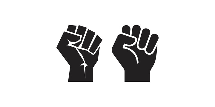 Raised protest fists silhouette set black icons for social justice and activism awareness graphics.